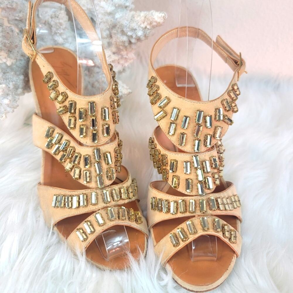 GIUSEPPE ZANOTTI Tan Leather Strappy Sandals w Crystal Embellished Italian 7.5 - Picture 3 of 16